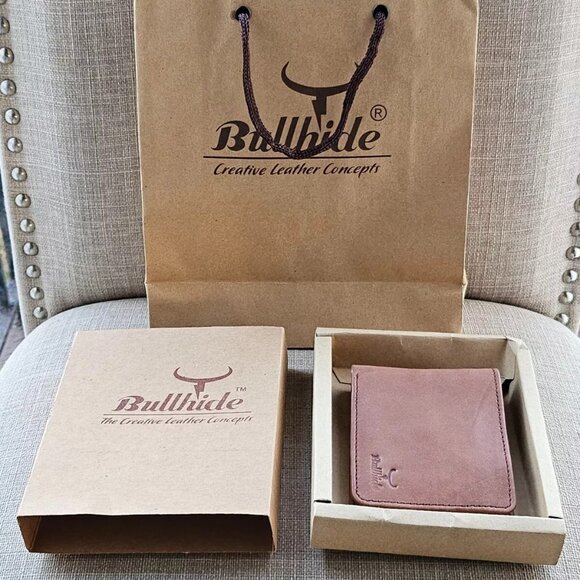 Handmade Wallet Tan Genuine Leather Billfold Card Holder with Box and Bag